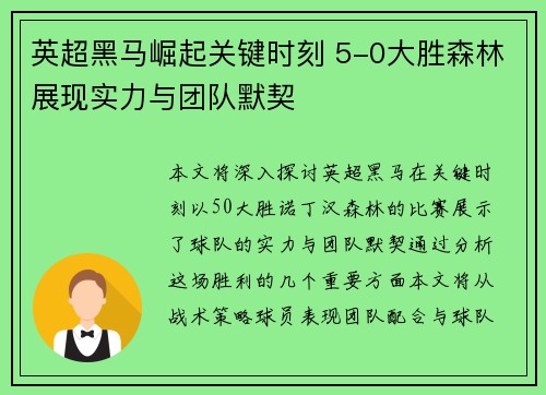 英超黑马崛起关键时刻 5-0大胜森林展现实力与团队默契 英超黑马崛起关键时刻 5-0大胜森林展现实力与团队默契
